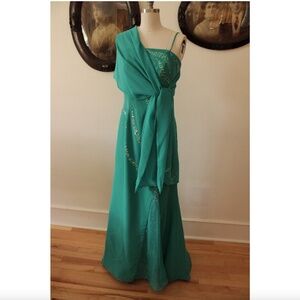 1990's Vintage Romantic Bridal Turquoise Chiffon Beaded Evening Gown with Train